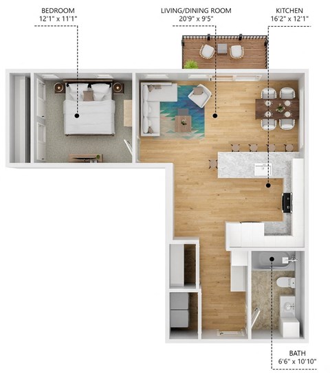Floor plan for 1 bed, 1 bath, 767 sqft